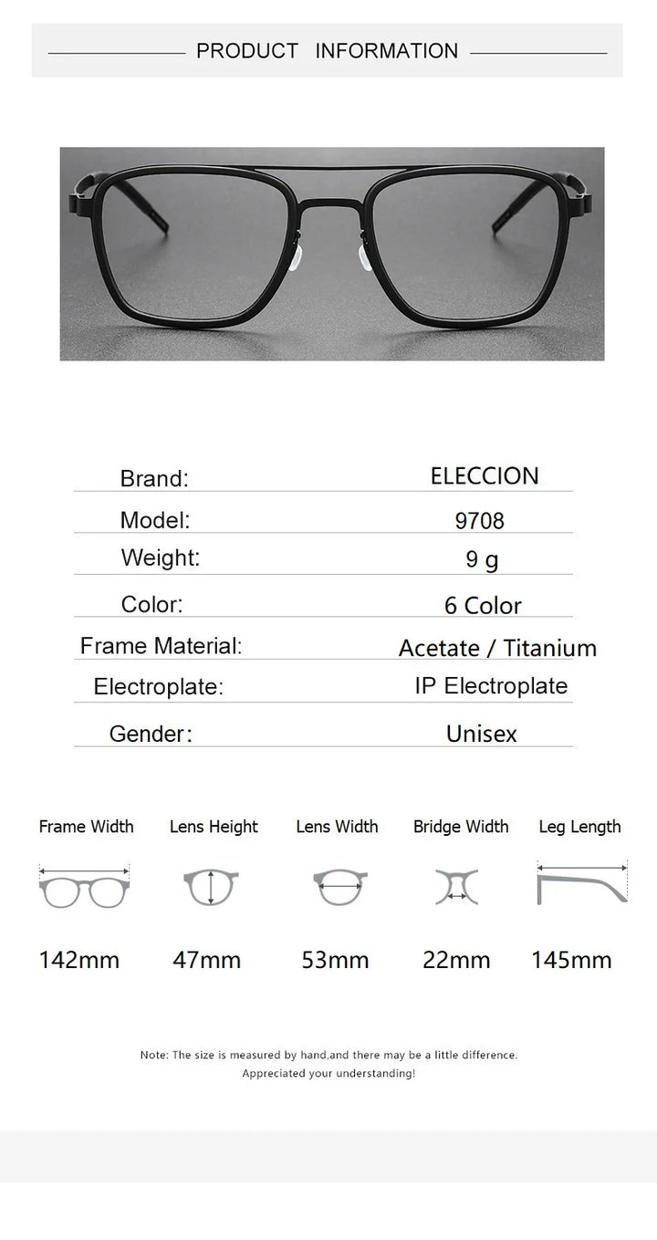 Eleccion Unisex Full Rim Square Double Bridge Titanium Eyeglasses 9708