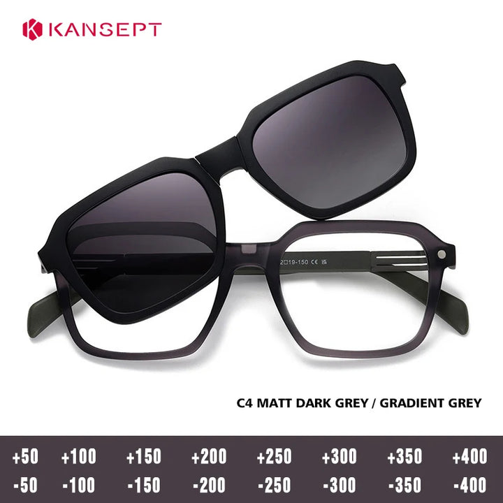 Kansept Unisex Full Rim Square Tr 90 Titanium Reading Glasses Clip On Sunglasses 33106