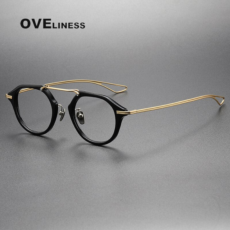 Oveliness Unisex Full Rim Polygon Double Bridge Acetate Titanium Eyeglasses Dxt119 Full Rim Oveliness black gold  