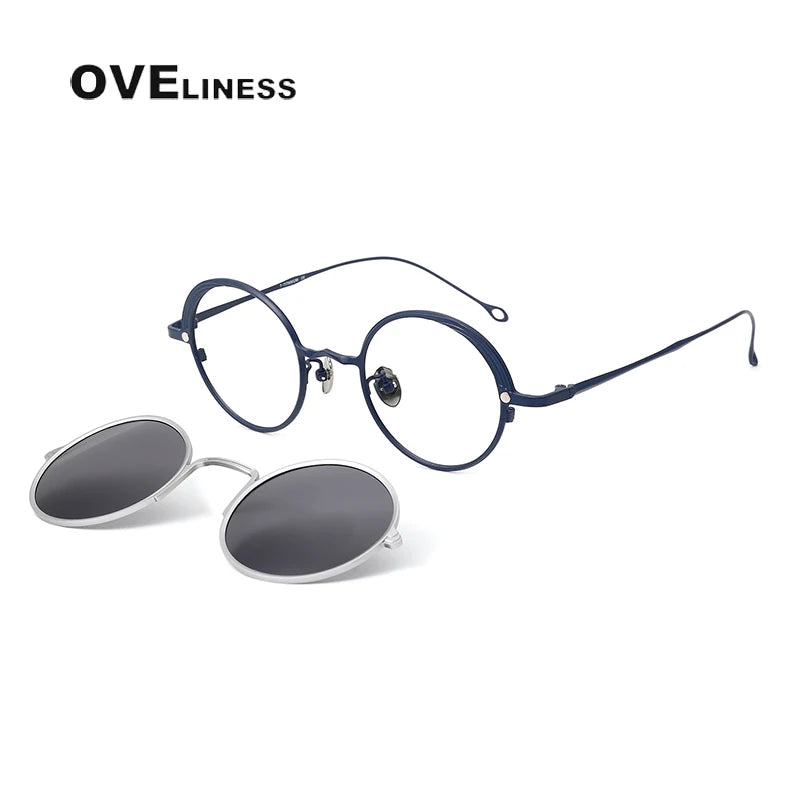 Oveliness Unisex Full Rim Round Titanium Eyeglasses Clip On Sunglasses 42618 With Clip Ons Oveliness blue silver grey