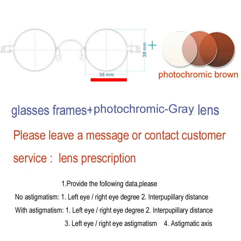 Yujo Unisex Full RIm Round Screwless Stainless Steel Eyeglasses 15030 Full Rim Yujo Photochromic brown38 CHINA