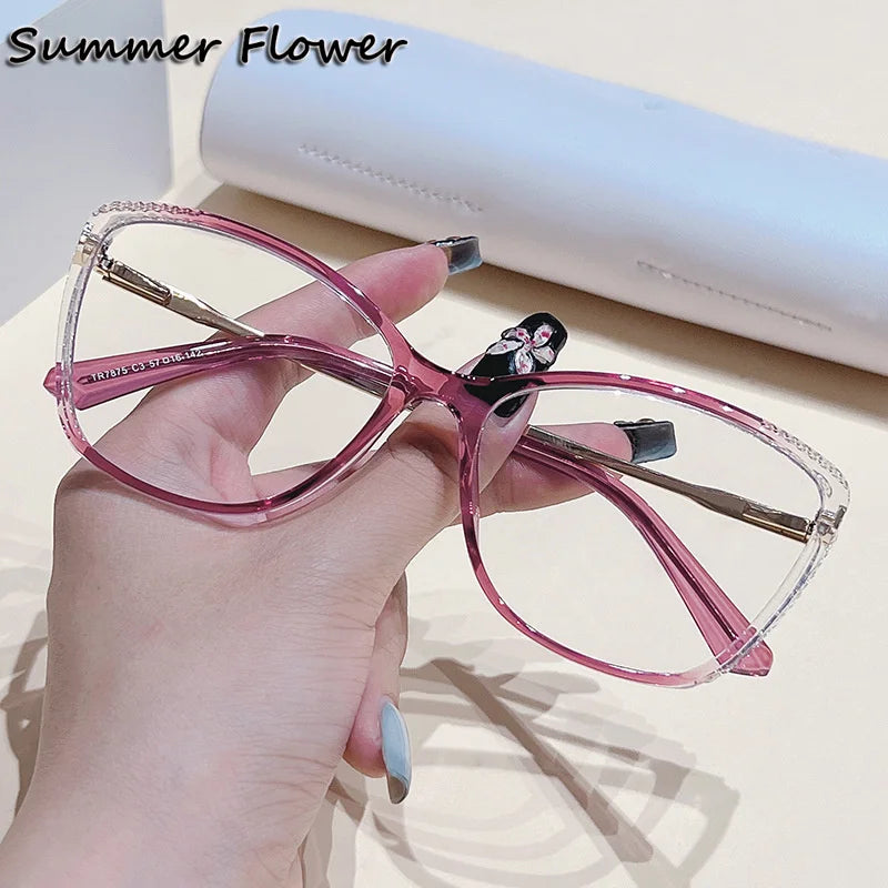 Summer Flower Women's Full Rim Square Cat Eye Tr 90 Titanium Eyeglasses 87875 Full Rim Summer Flower Gradient Purple Red