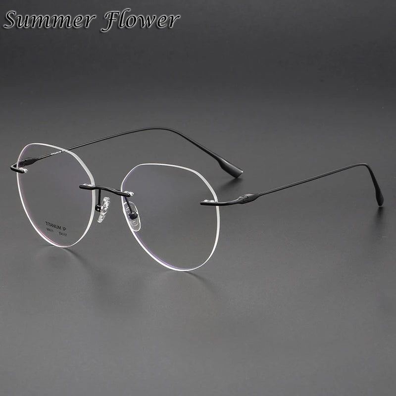 Summer Flower Women's Rimless Flat Top Round Titanium Eyeglasses 96611 Rimless Summer Flower Black