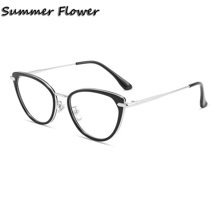 Summer Flower Women's Full Rim Cat Eye Tr 90 Alloy Eyeglasses 11916 Full Rim Summer Flower Black Silver