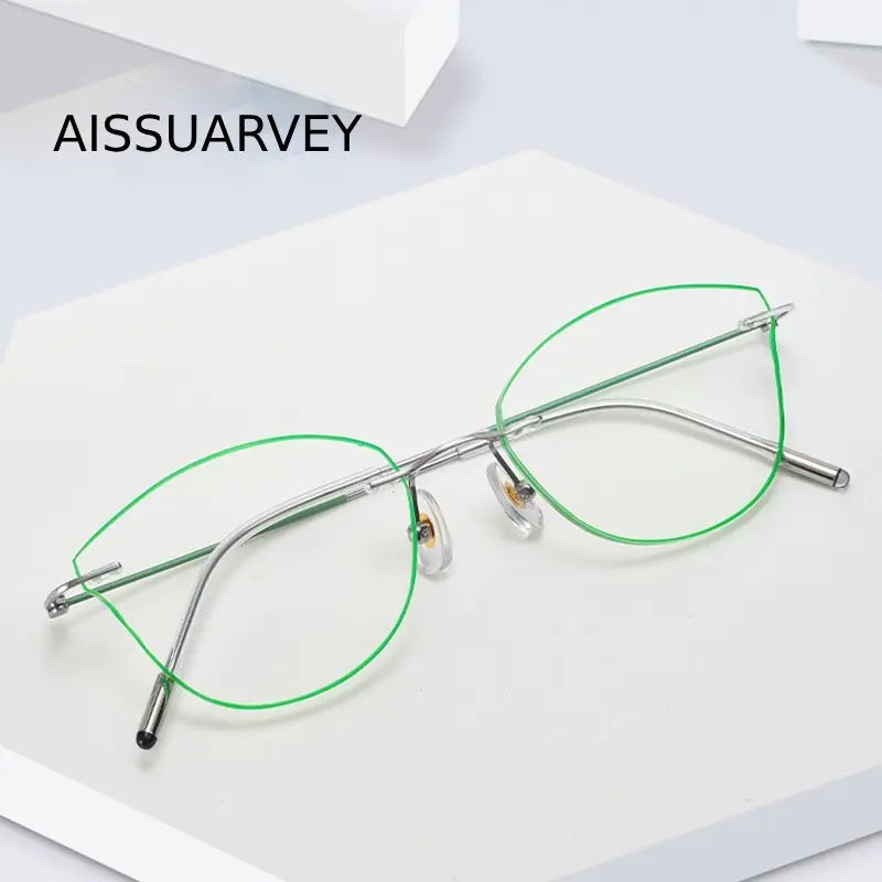 Aissuarvey Women's Rimless Cat Eye Titanium Custom Lens Eyeglasses 002 Lenses Aissuarvey Lenses Green Progressive 1.67 | Anti Blue Ray | CN