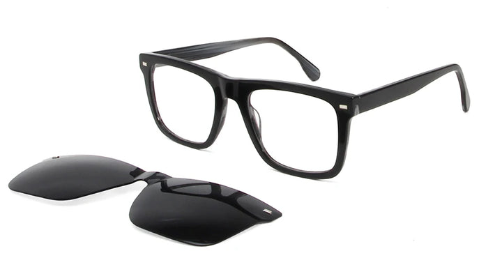 Esnbie Men's Full Rim Square Acetate Eyeglasses Clip On Sunglasses 423291