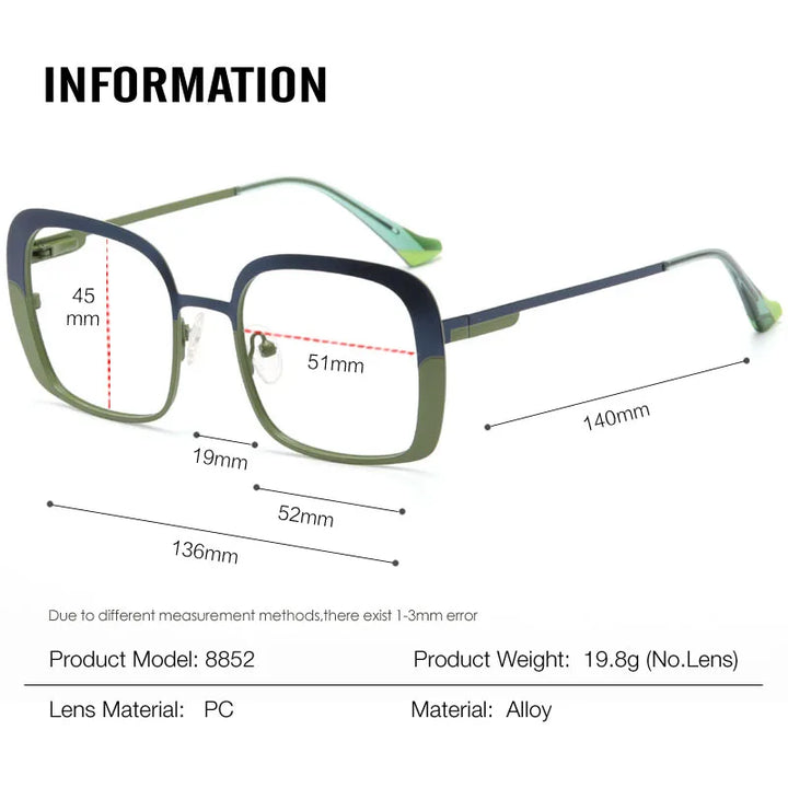 Muzz Women's Full Rim Square Thick Edge Alloy Eyeglasses 88524