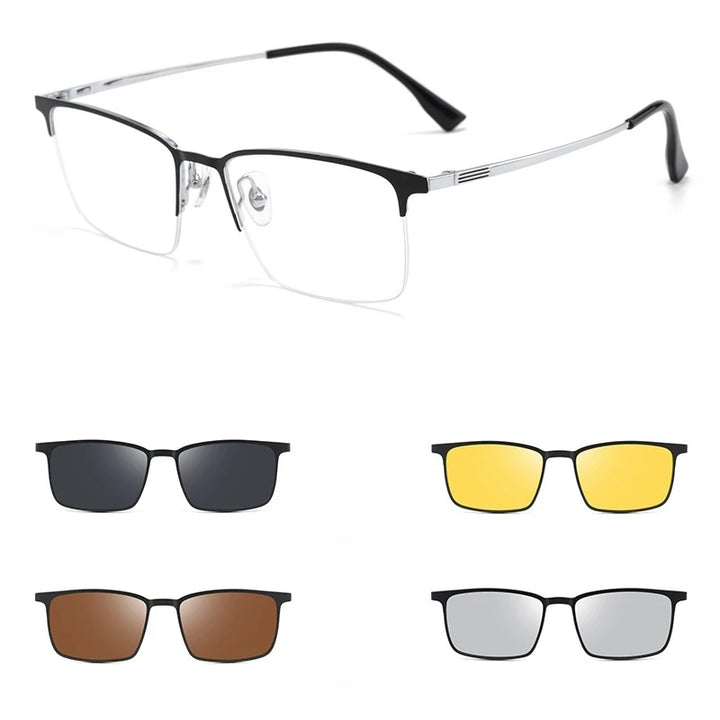 Yimaruili Men's Full Rim Square Titanium Eyeglasses Clip On Sunglasses 80084