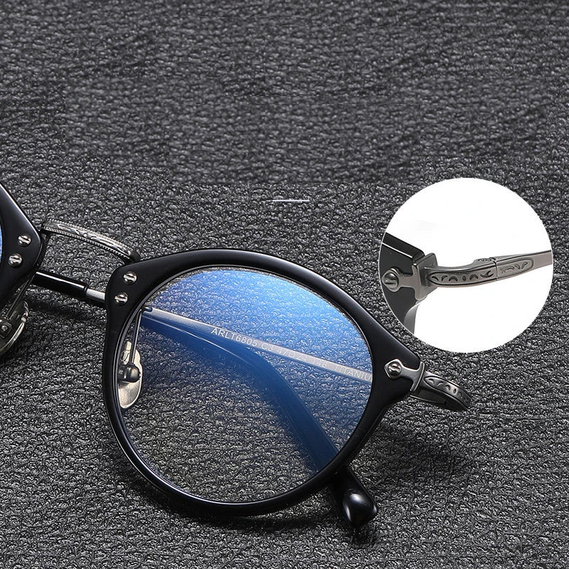 Black Mask Unisex Full Rim Big Round Acetate Titanium Eyeglasses A6805 Full Rim Black Mask   