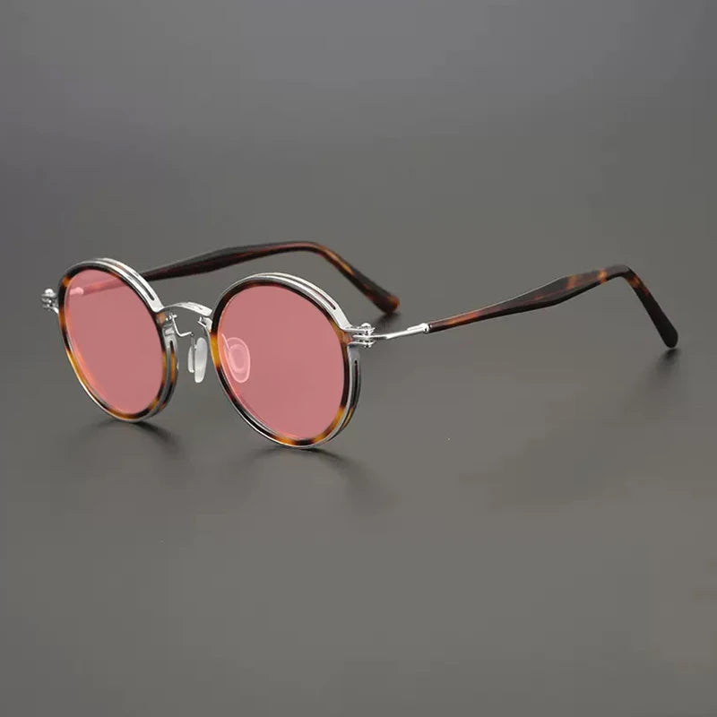Gatenac Unisex Full Rim Round Polarized Acetate Titanium Sunglasses Mo10  FuzWeb  Silver Pink  