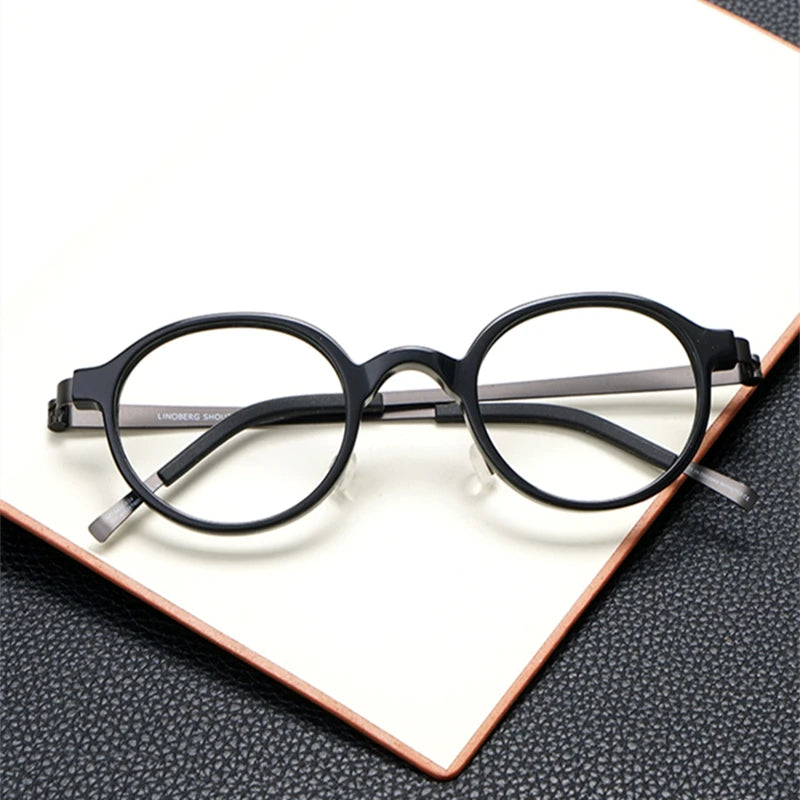 Black Mask Women's Full Rim Round Acetate Titanium Eyeglasses 94011 Full Rim Black Mask