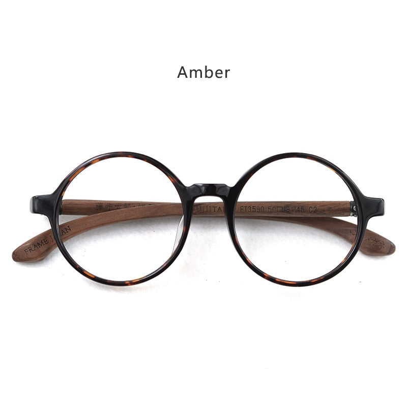 Hdcrafter Unisex Full Rim Round Wood Eyeglasses Ft3590 Full Rim Hdcrafter Eyeglasses Amber  