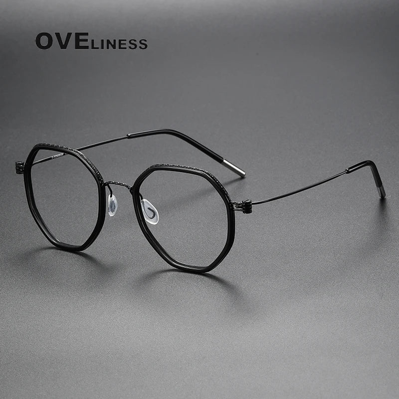 Oveliness Unisex Full Rim Flat Top Round Acetate Titanium Eyeglasses 80889 Full Rim Oveliness black  