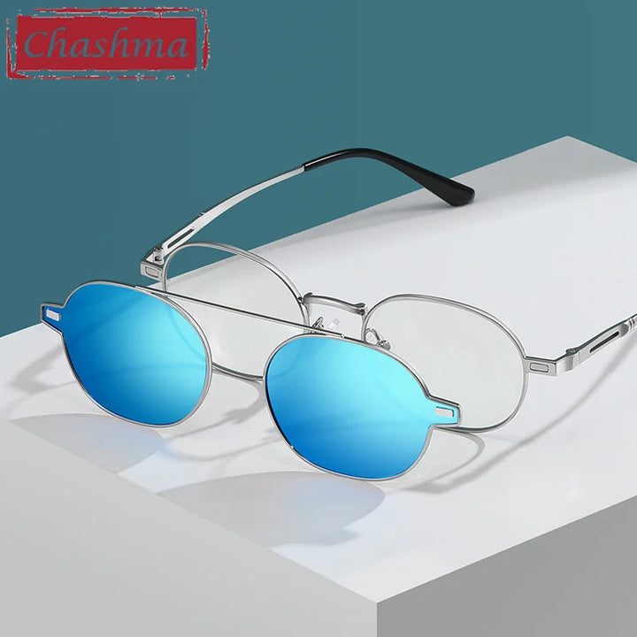 Chashma Ottica Unisex Full Rim Oval Alloy Eyeglasses Clip On Polarized Sunglasses 8802 With Clip Ons Chashma Ottica   