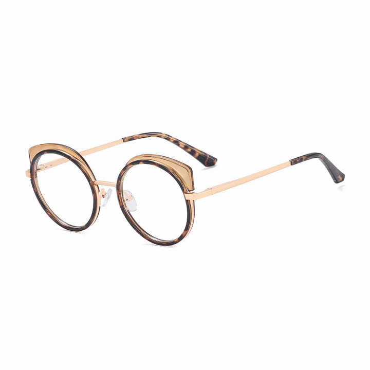 Ralferty Women's Full Rim Round Cat Eye Alloy Eyeglasses R81089 Full Rim Ralferty C5 BrownLeopard CHINA 