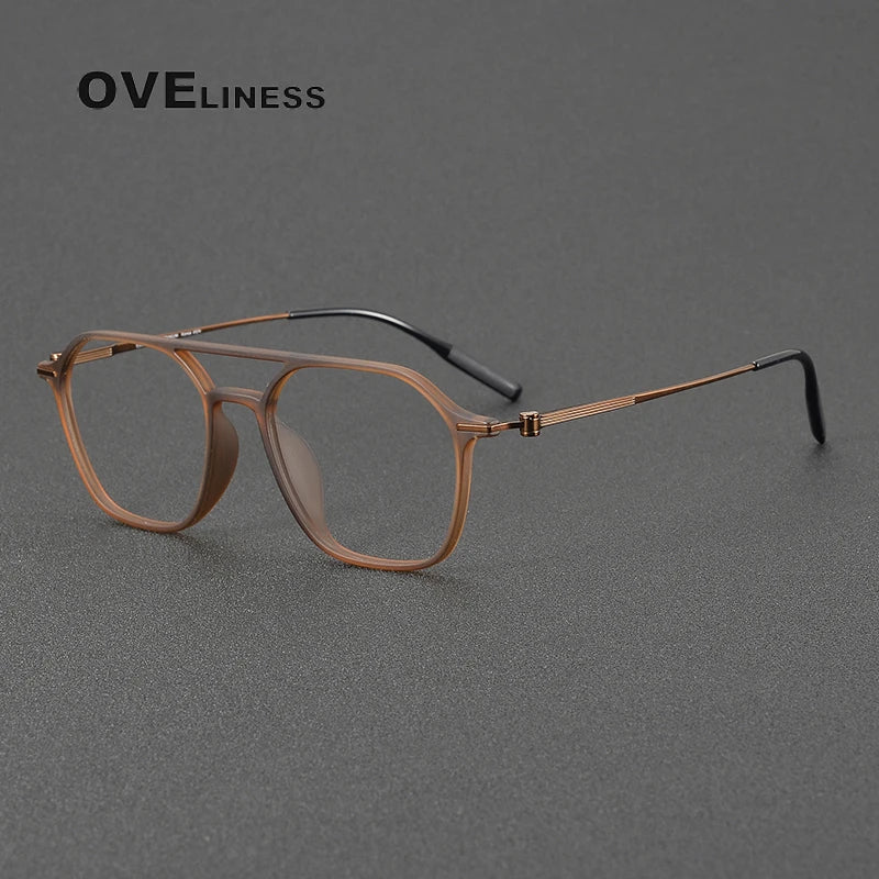 Oveliness Women's Full Rim Square Double Bridge Titanium Ultem Eyeglasses 8671 Full Rim Oveliness tea brown  