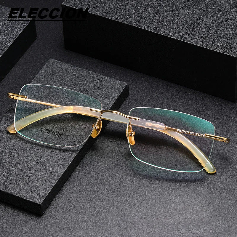 Eleccion Men's Rimless Square Titanium Ox Horn Temple Eyeglasses 92129