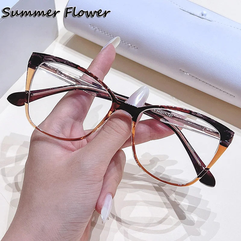 Summer Flower Women's Full Rim Square Cat Eye Tr 90 Titanium Eyeglasses 76003 Full Rim Summer Flower Brown Gray