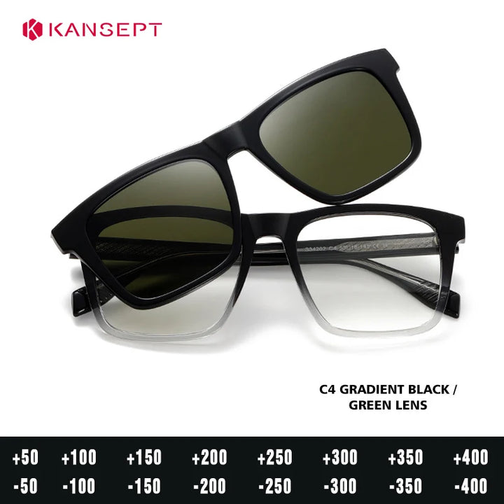 Kansept Unisex Full Rim Square Tr 90 Alloy Reading Glasses Clip On Sunglasses 34202