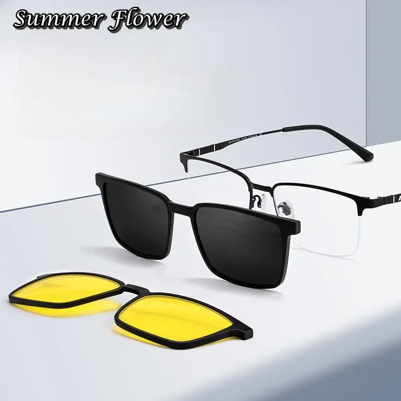 Summer Flower Men's Semi Rim Square Titanium Eyeglasses Clip On Sunglasses 6015/16