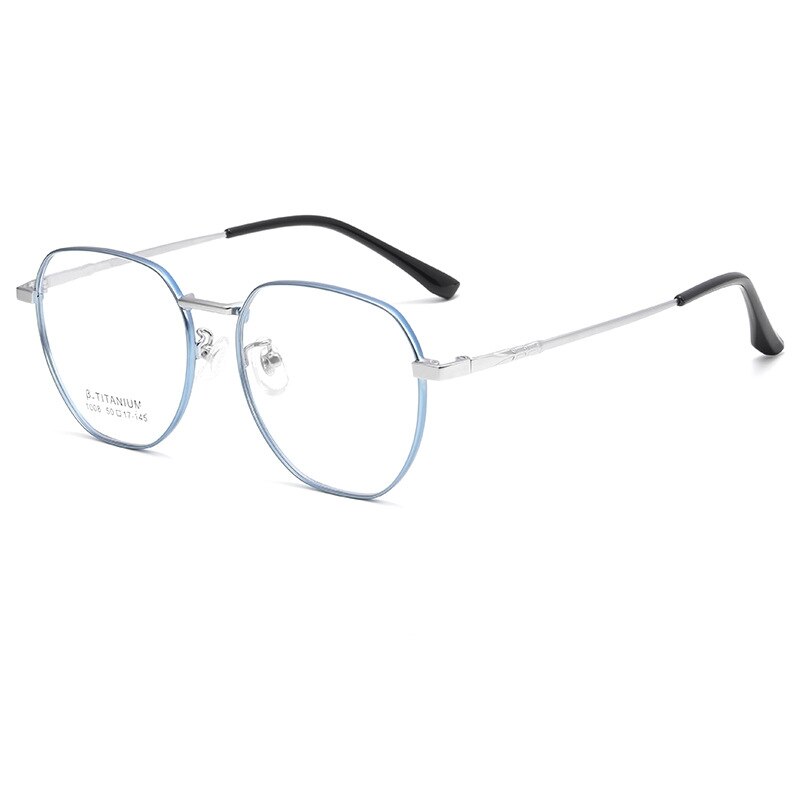 KatKani Unisex Full Rim Polygonal Titanium Alloy Eyeglasses 1008TH Full Rim KatKani Eyeglasses Blue Silver  