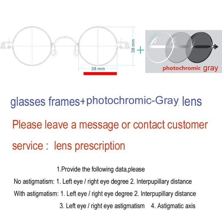 Yujo Unisex Full RIm Round Screwless Stainless Steel Eyeglasses 15030 Full Rim Yujo Photochromic gray 38 CHINA