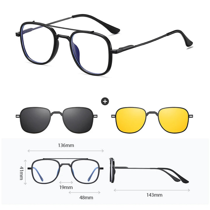 Hdcrafter Women's Full Rim Square Double Bridge Titanium Tr 90 Eyeglasses Clip On Sunglasses 414819