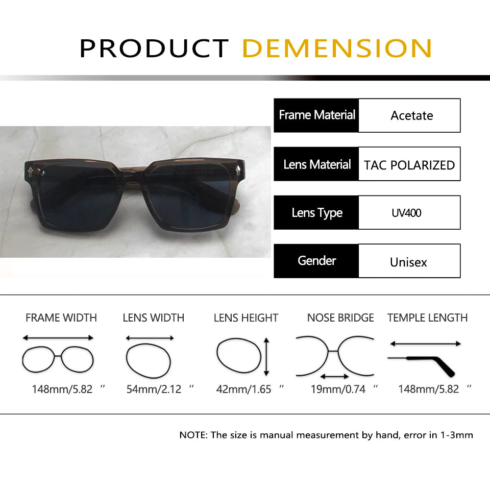 Esnbie Unisex Full Rim Square Brow Line Acetate Tac Sunglasses 240821