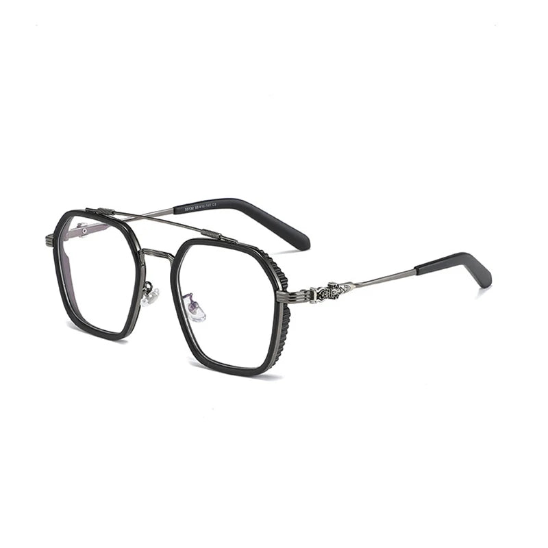 Hdcrafter Men's Full Rim Big Square Double Bridge Titanium Eyeglasses 55132 Full Rim Hdcrafter Eyeglasses Black-Grey  