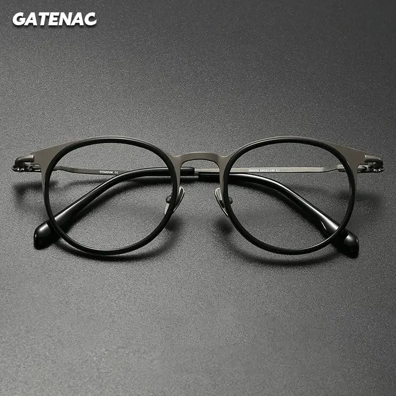 Gatenac Men's Full Rim Big Round Acetate Titanium Eyeglasses 660056 FuzWeb