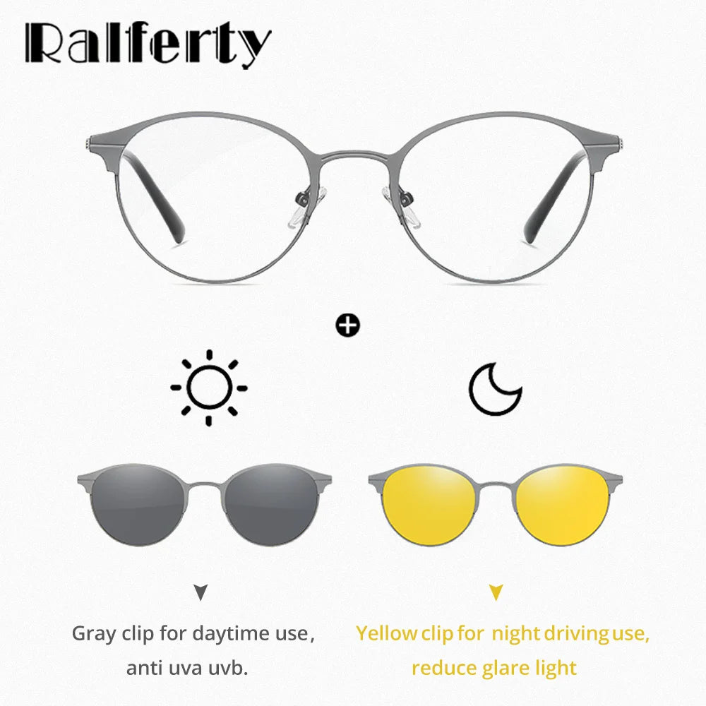 Ralferty Women's Full Rim Round Alloy Eyeglasses Clip On Polarized Sunglasses R7029 With Clip Ons Ralferty   