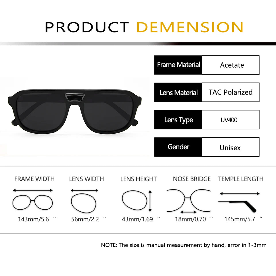 Esnbie Unisex Full Rim Square Double Bridge Acetate Sunglasses 230271