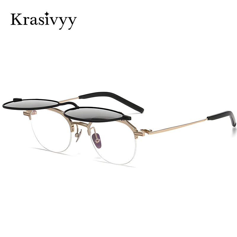 Krasivyy Unisex Round Titanium Prescription Eyeglasses with Flip-Up S400T