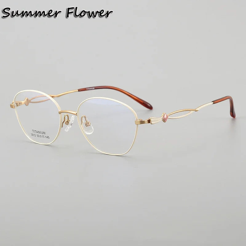 Summer Flower Women's Full Rim Oval Square Titanium Eyeglasses 63012 Full Rim Summer Flower Beige Gold