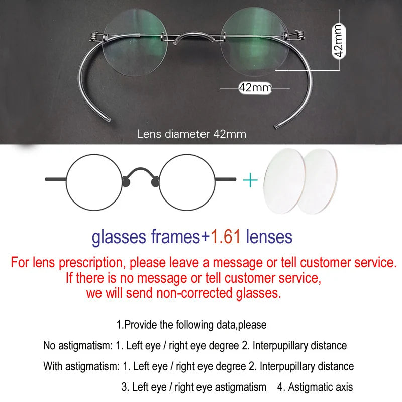 Yujo Unisex Rimless Round Screwless Stainless Steel Eyeglasses 3642 Rimless Yujo 42mm CHINA