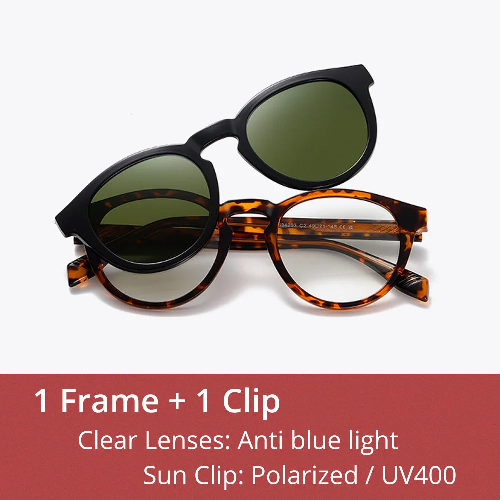 Ralferty Unisex Full Rim Round Acetate Eyeglasses Clip On Sunglasses 334203