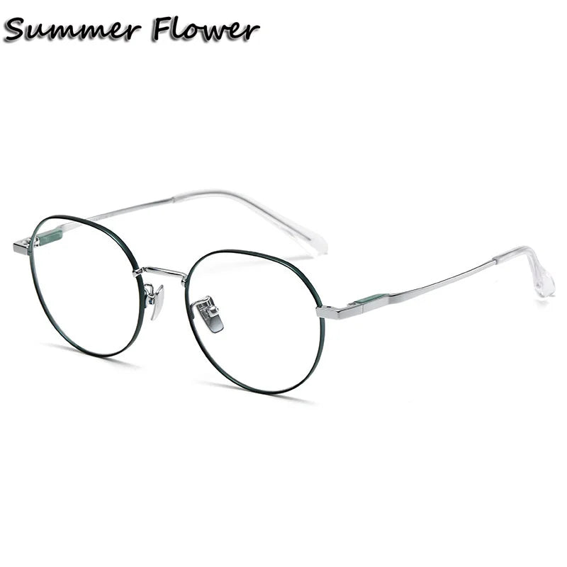 Summer Flower Women's Full Rim Flat Top Round Titanium Eyeglasses 861008 Full Rim Summer Flower Green Silver