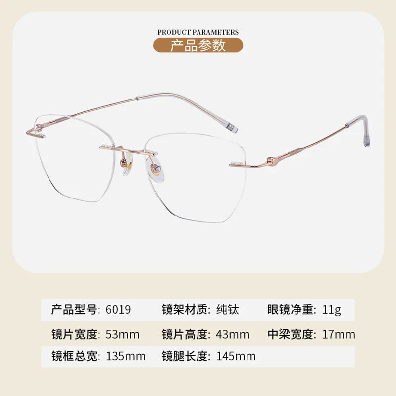 Reven Jate Women's Rimless Oval Cat Eye Titanium Eyeglasses 60194