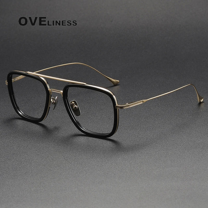 Oveliness Unisex Full Rim Square Double Bridge Acetate Titanium Eyeglasses I0006 Full Rim Oveliness black gold  