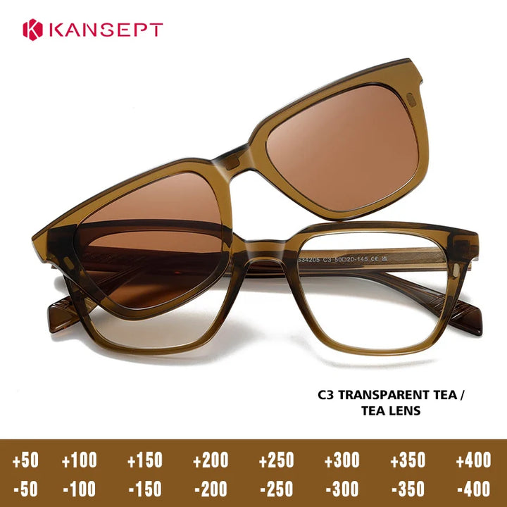 Kansept Women's Full Rim Square Tr 90 Alloy Reading Glasses Clip On Sunglasses 34205