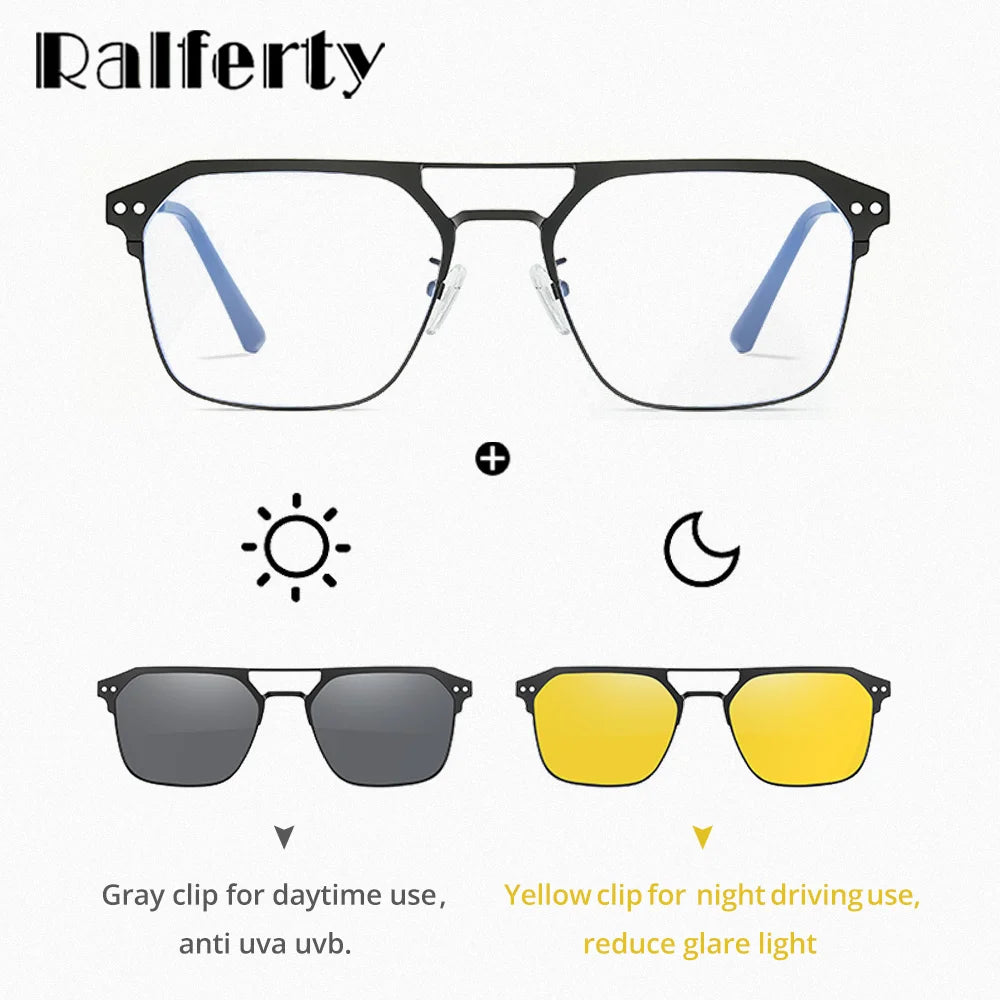 Ralferty Men's Full Rim Square Double Bridge Alloy Eyeglasses Clip On Polarized Sunglasses R708 With Clip Ons Ralferty   