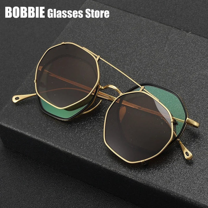 Bobbie Women's Full Rim Polygon Titanium Eyeglasses Clip On Sunglasses 617311