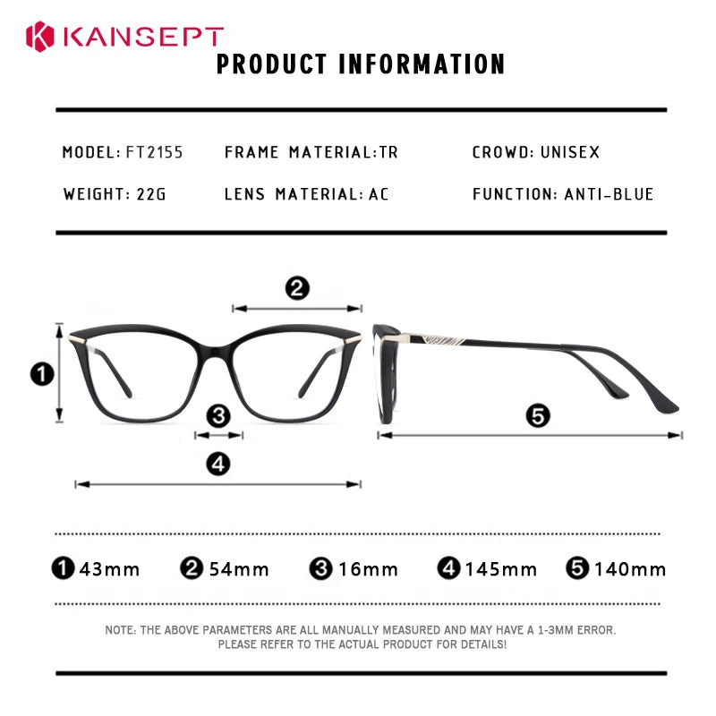 Kansept Women's Full Rim Square Tr 90 Alloy Reading Glasses 512155
