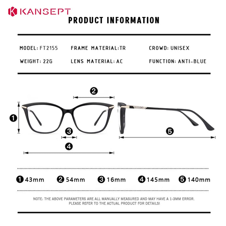 Kansept Women's Full Rim Square Tr 90 Alloy Reading Glasses 512155
