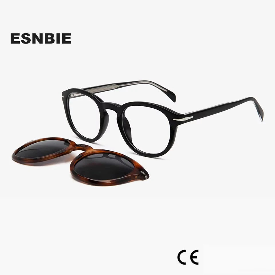 Esnbie Unisex Full Rim Round Acetate Eyeglasses Clip On Sunglasses 4210 With Clip Ons Esnbie   