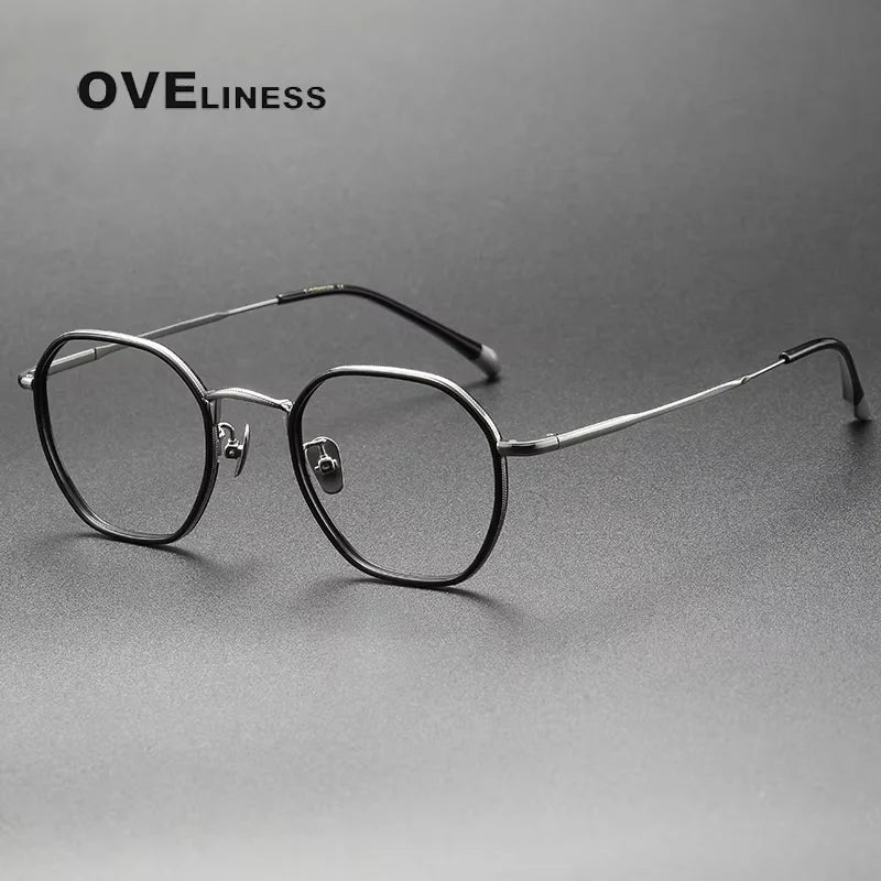 Oveliness Unisex Full Rim Polygon Acetate Titanium Eyeglasses 8502 Full Rim Oveliness black gun  