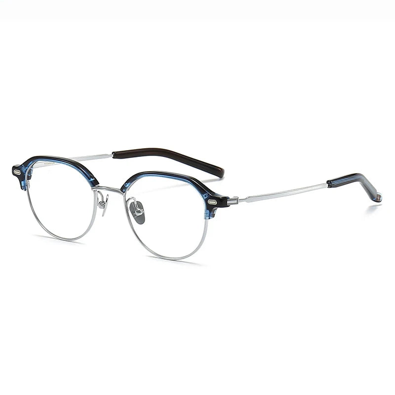 Black Mask Unisex Full Rim Flat Top Round Titanium Acetate Eyeglasses M121 Full Rim Black Mask Blue-Silver  