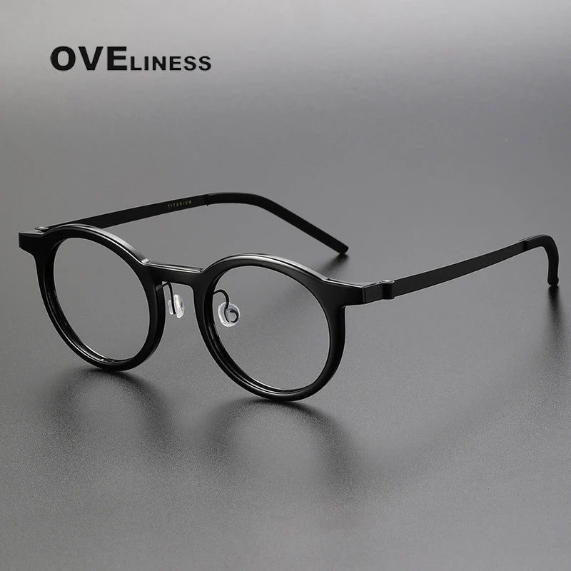 Oveliness Unisex Full Rim Round Acetate Titanium Eyeglasses 1846 Full Rim Oveliness black  