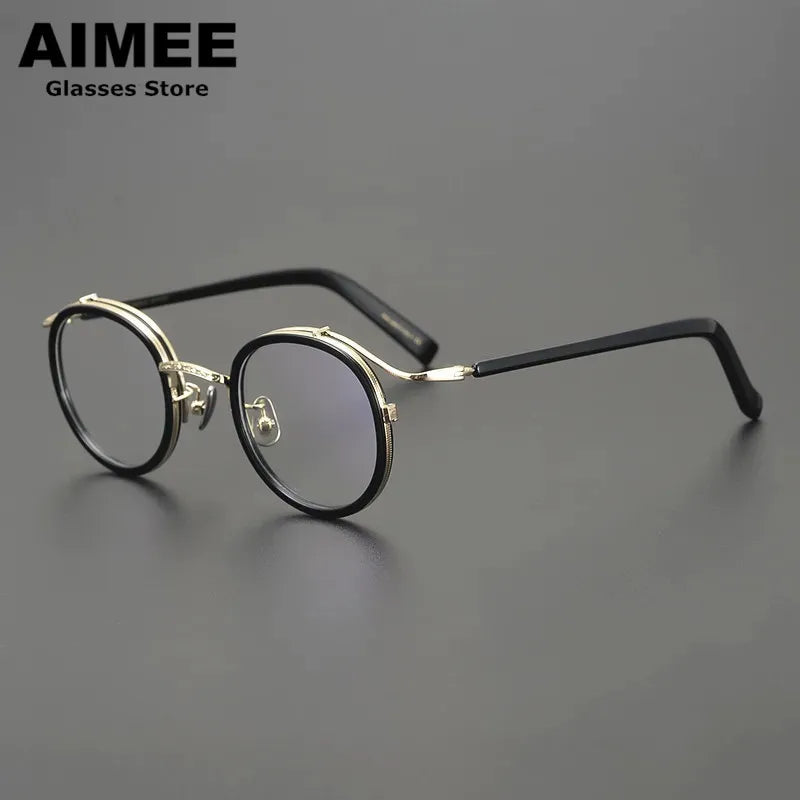 Aimee Men's Full Rim Round Square Titanium Acetate Eyeglasses 12203 Full Rim Aimee Black-Golden  