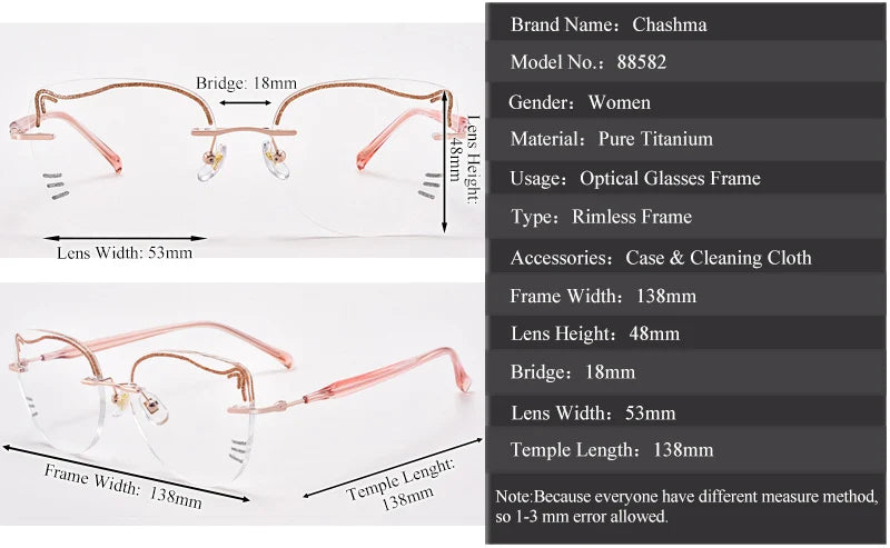 Chashma Ottica Women's Rimless Oval Cat Eye Titanium Eyeglasses 88582 Rimless Chashma Ottica